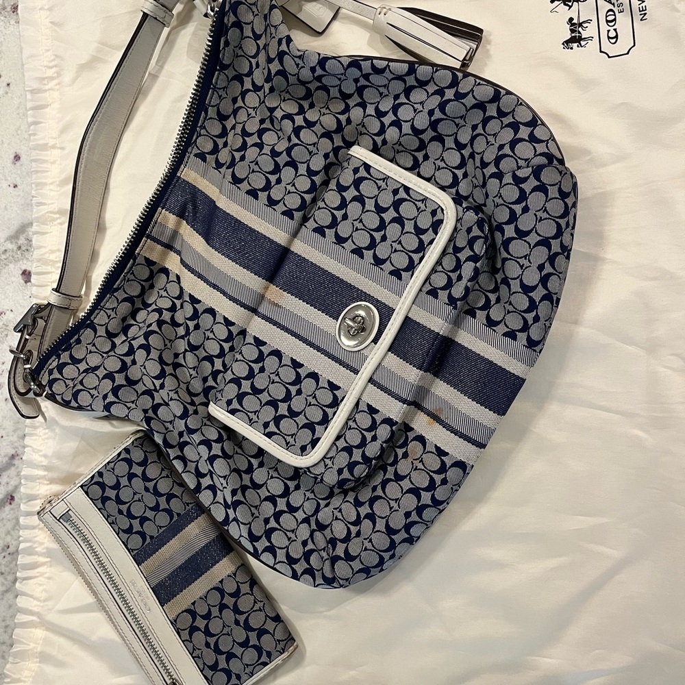 Coach Blue and Gray Shoulder Bag with Monogram Pattern